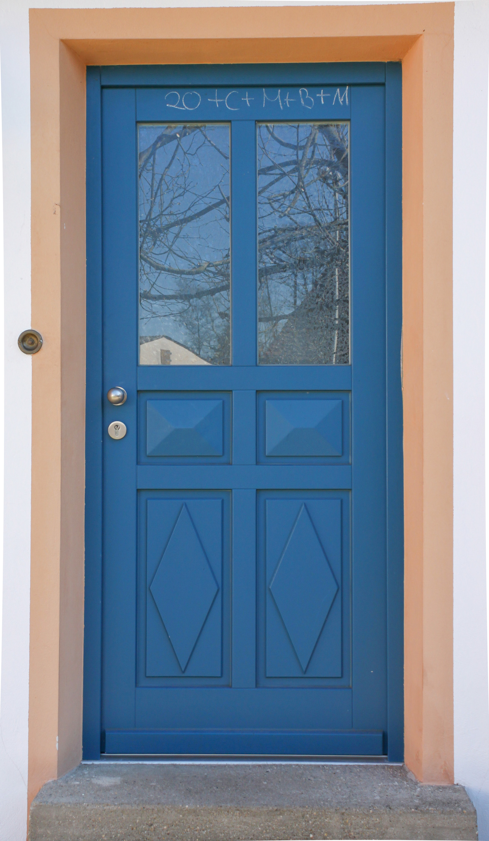 Holz-Haustüre Meranti, RAL 5009 Azurblau