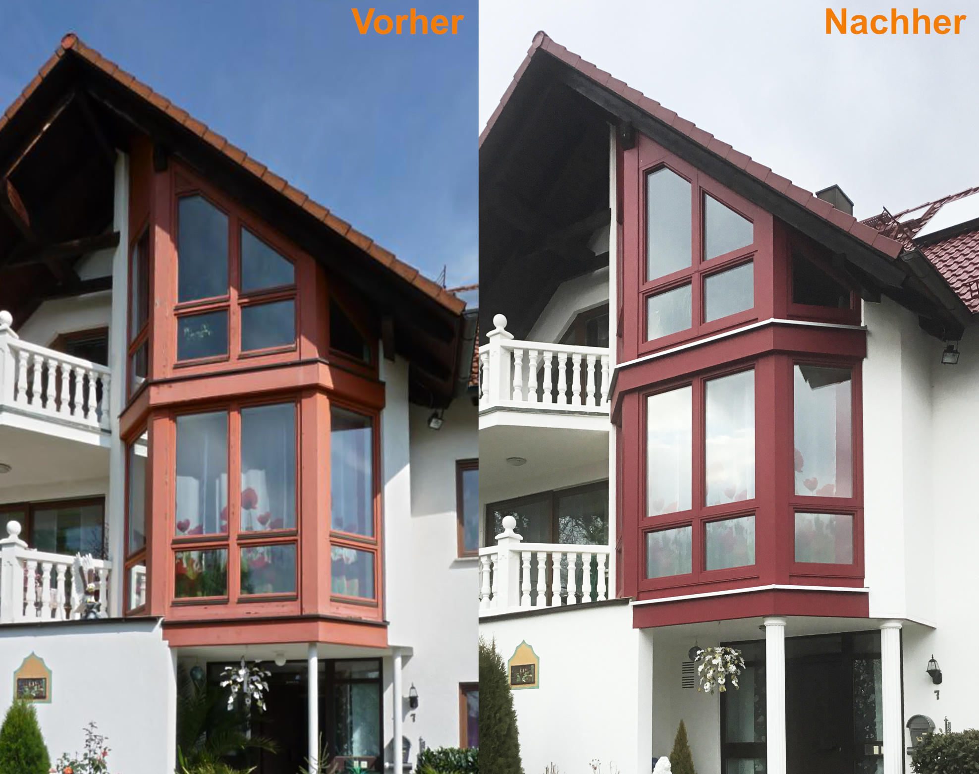 Aluminiumverblendung von alten Holzfenstern in RAL 3004 Purpurrot